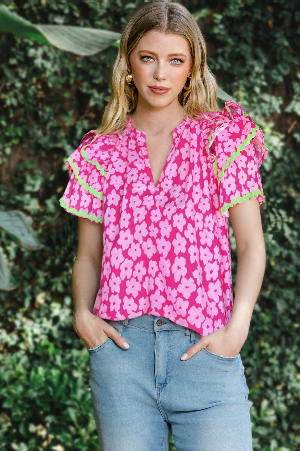 Floral Contrast Ric Rac Layered Ruffle Sleeve Blouse