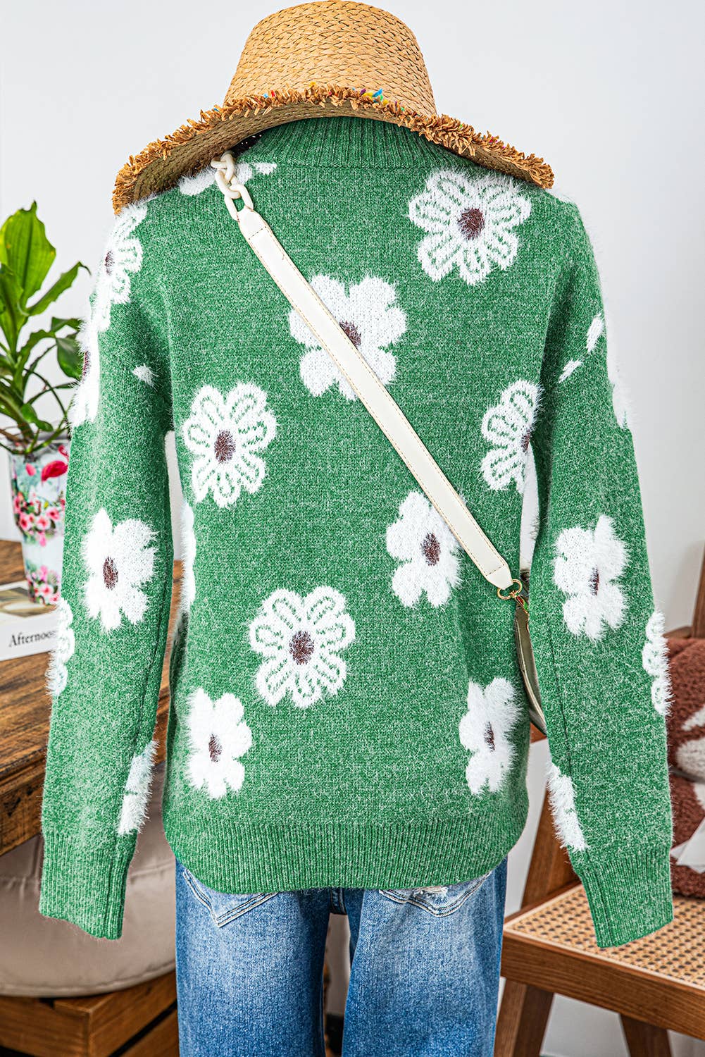 Floral Half Zip Drop Shoulder Sweater