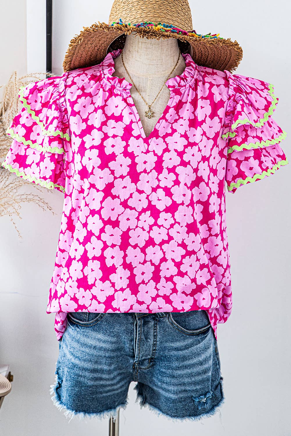 Floral Contrast Ric Rac Layered Ruffle Sleeve Blouse