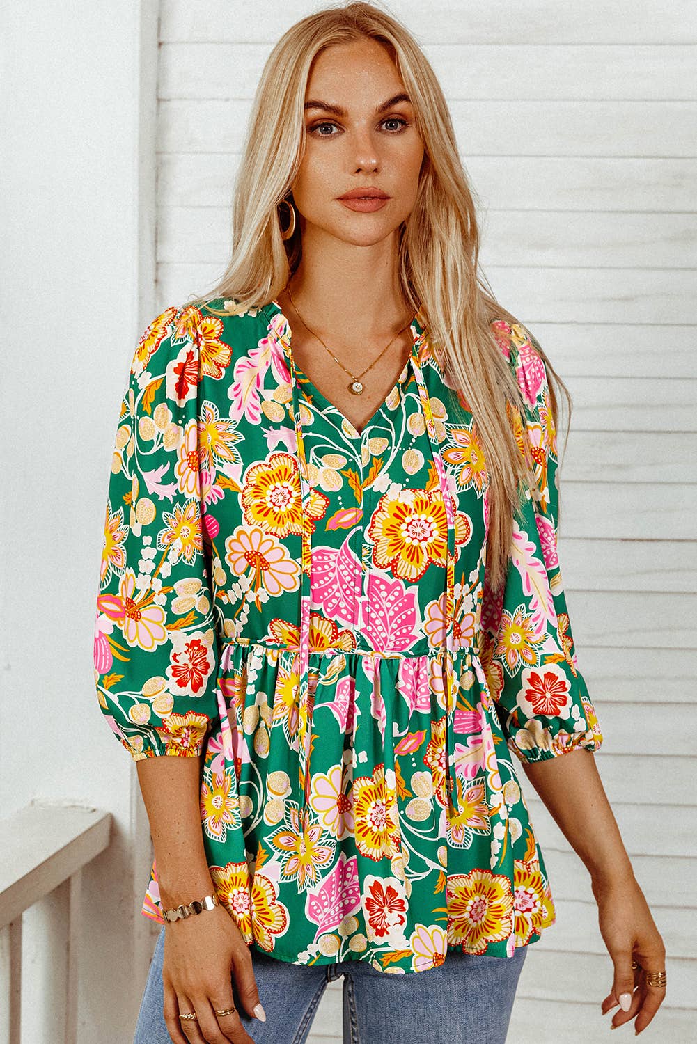 Floral Puff Sleeve V Neck Peplum Blouse