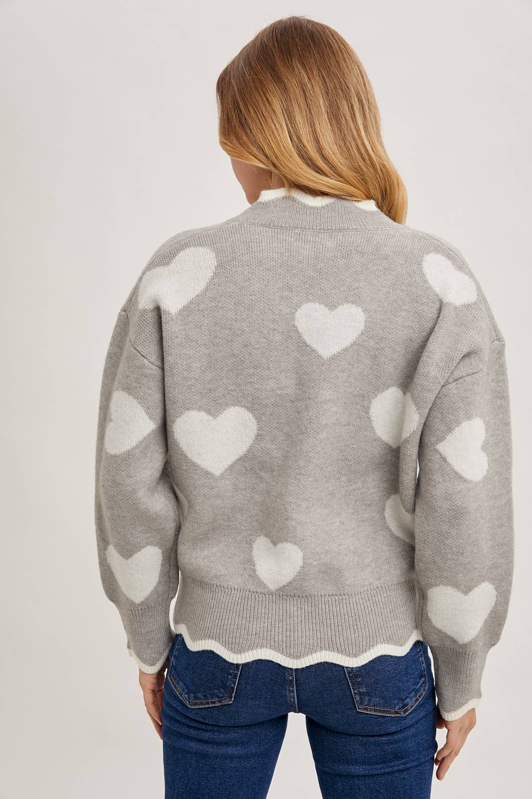 HEART SCALLOP TRIMMED CONTRAST KNIT SWEATER VALENTINE'S DAY