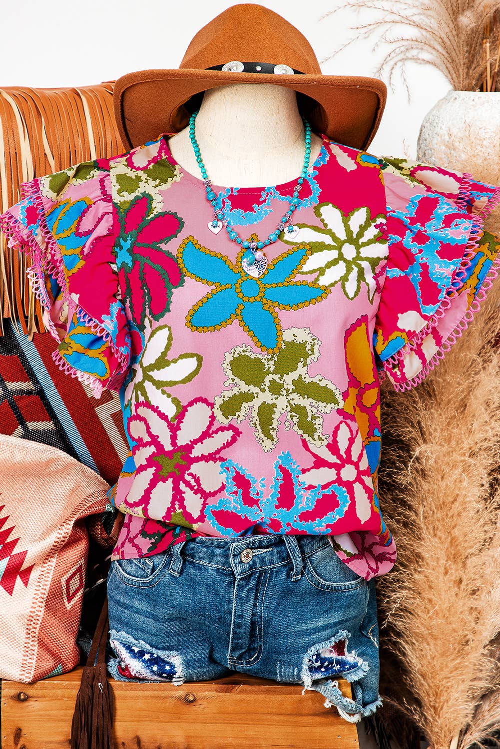Floral Print Trimmed Ruffle Sleeve Blouse