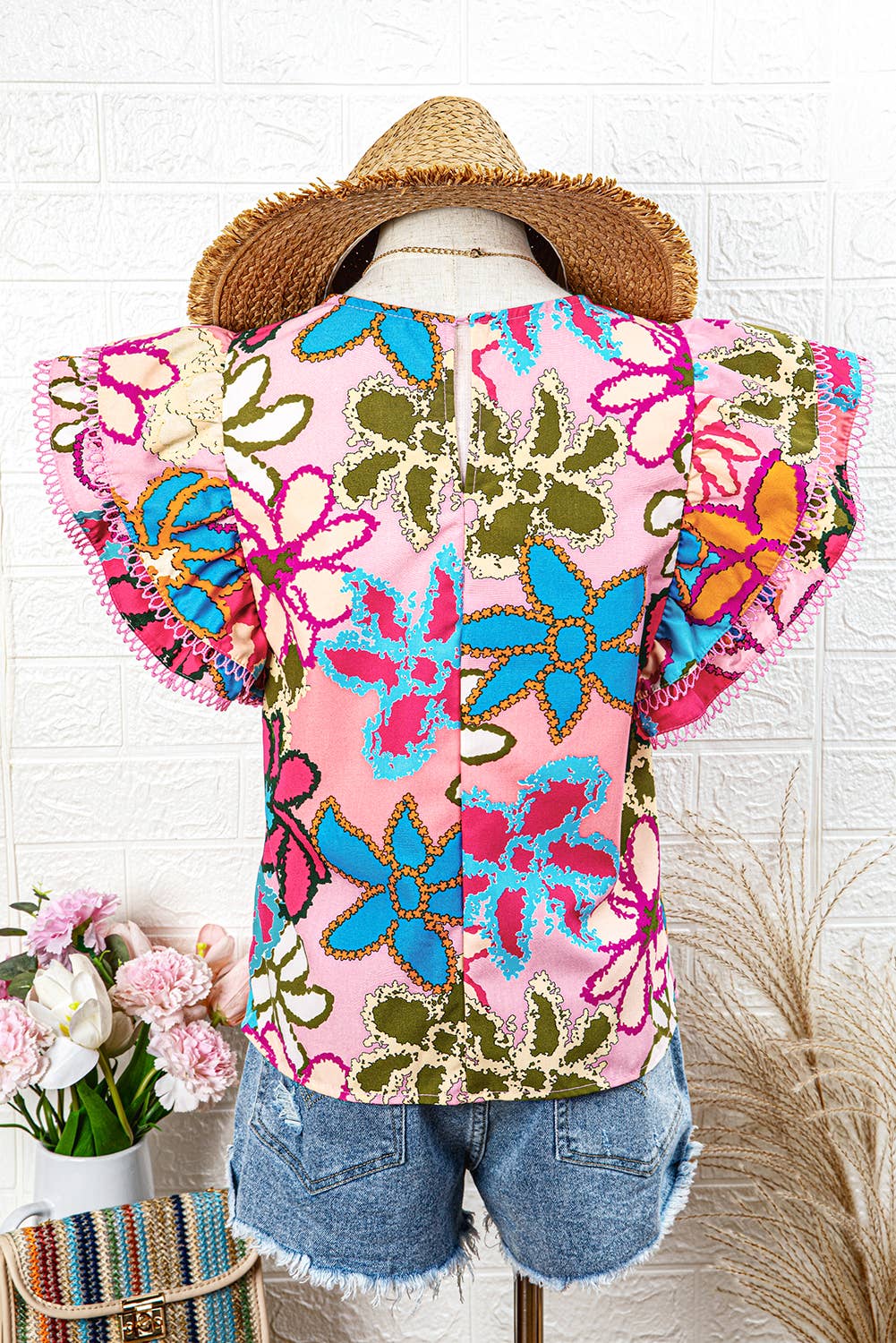 Floral Print Trimmed Ruffle Sleeve Blouse