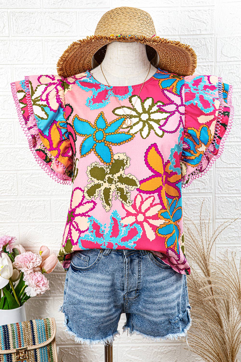 Floral Print Trimmed Ruffle Sleeve Blouse