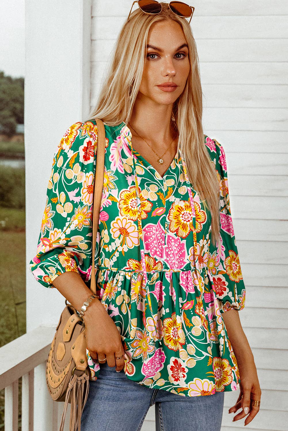 Floral Puff Sleeve V Neck Peplum Blouse
