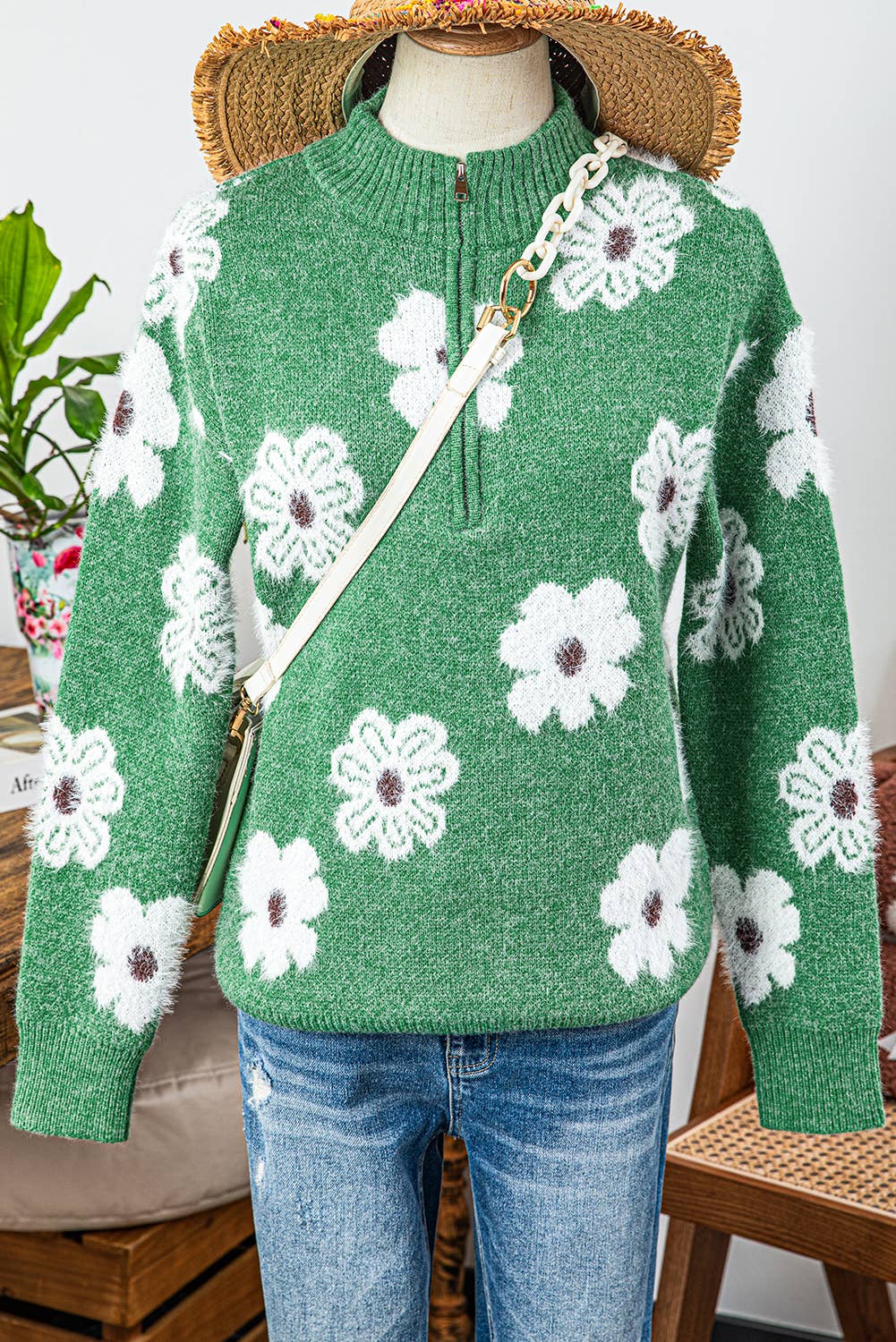 Floral Half Zip Drop Shoulder Sweater