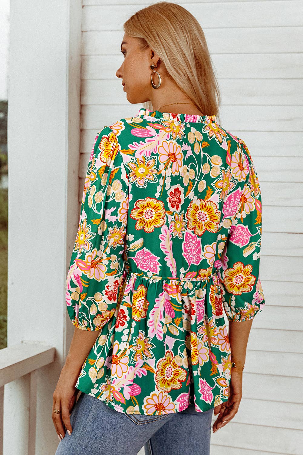 Floral Puff Sleeve V Neck Peplum Blouse