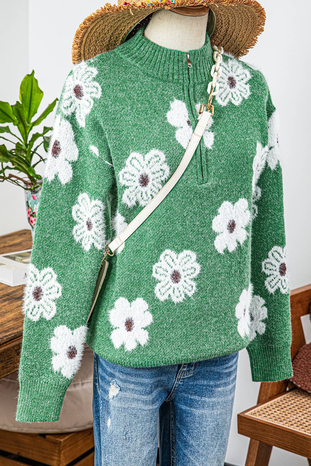 Floral Half Zip Drop Shoulder Sweater