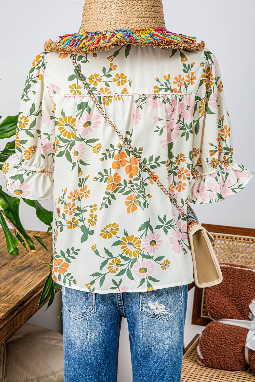 Boho V Neck Half Sleeve Boho Floral Blouse