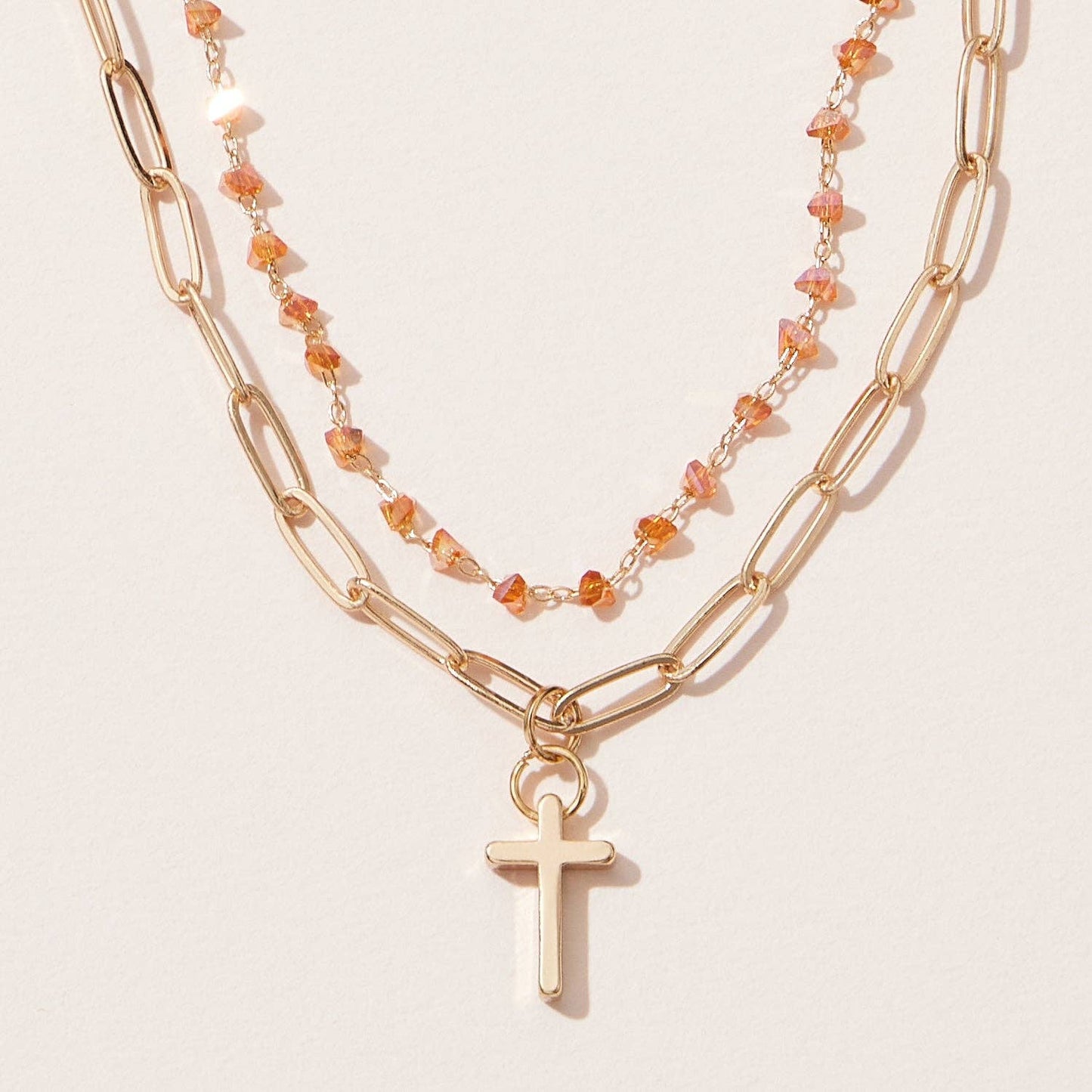 Cross Pendant Short Layered Necklace with Paperclip Chain