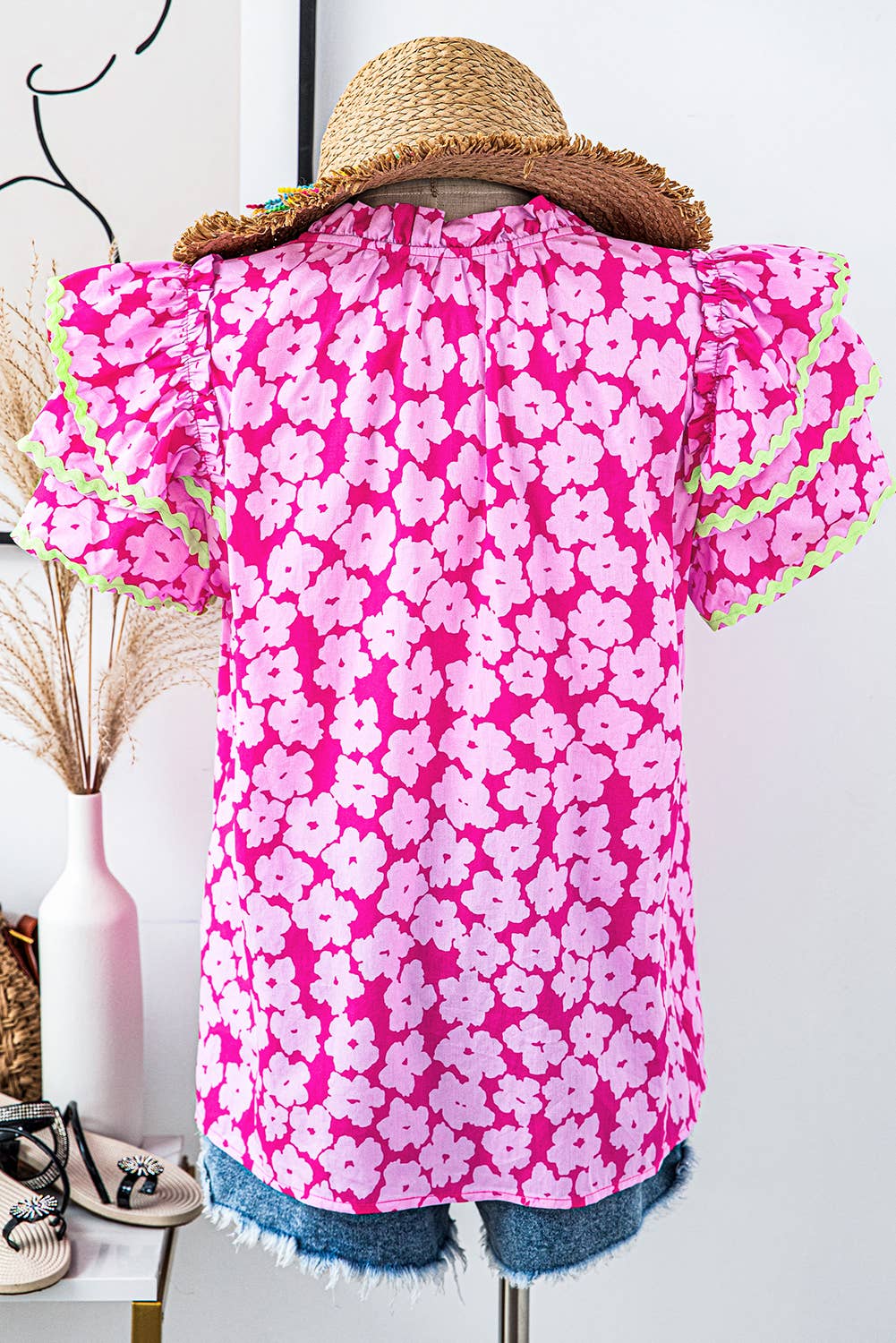 Floral Contrast Ric Rac Layered Ruffle Sleeve Blouse