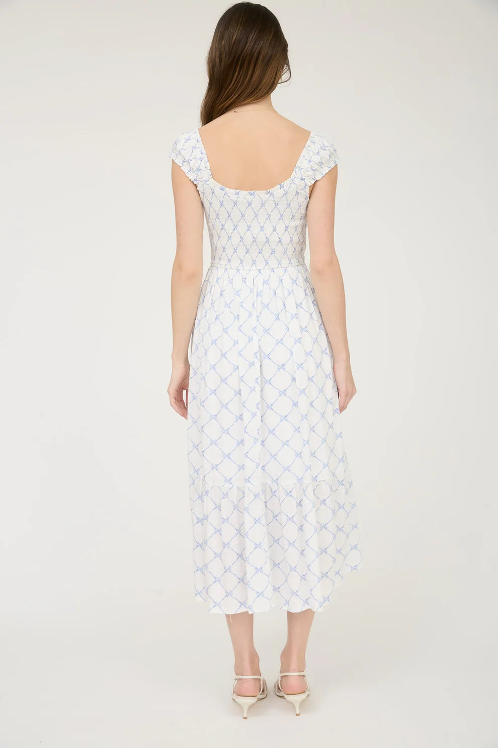 Bow Pattern Ruched Sleeve Smocked Midi Dress