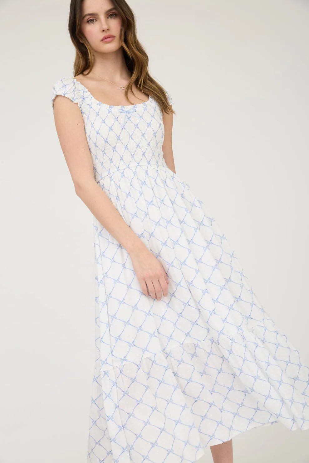 Bow Pattern Ruched Sleeve Smocked Midi Dress