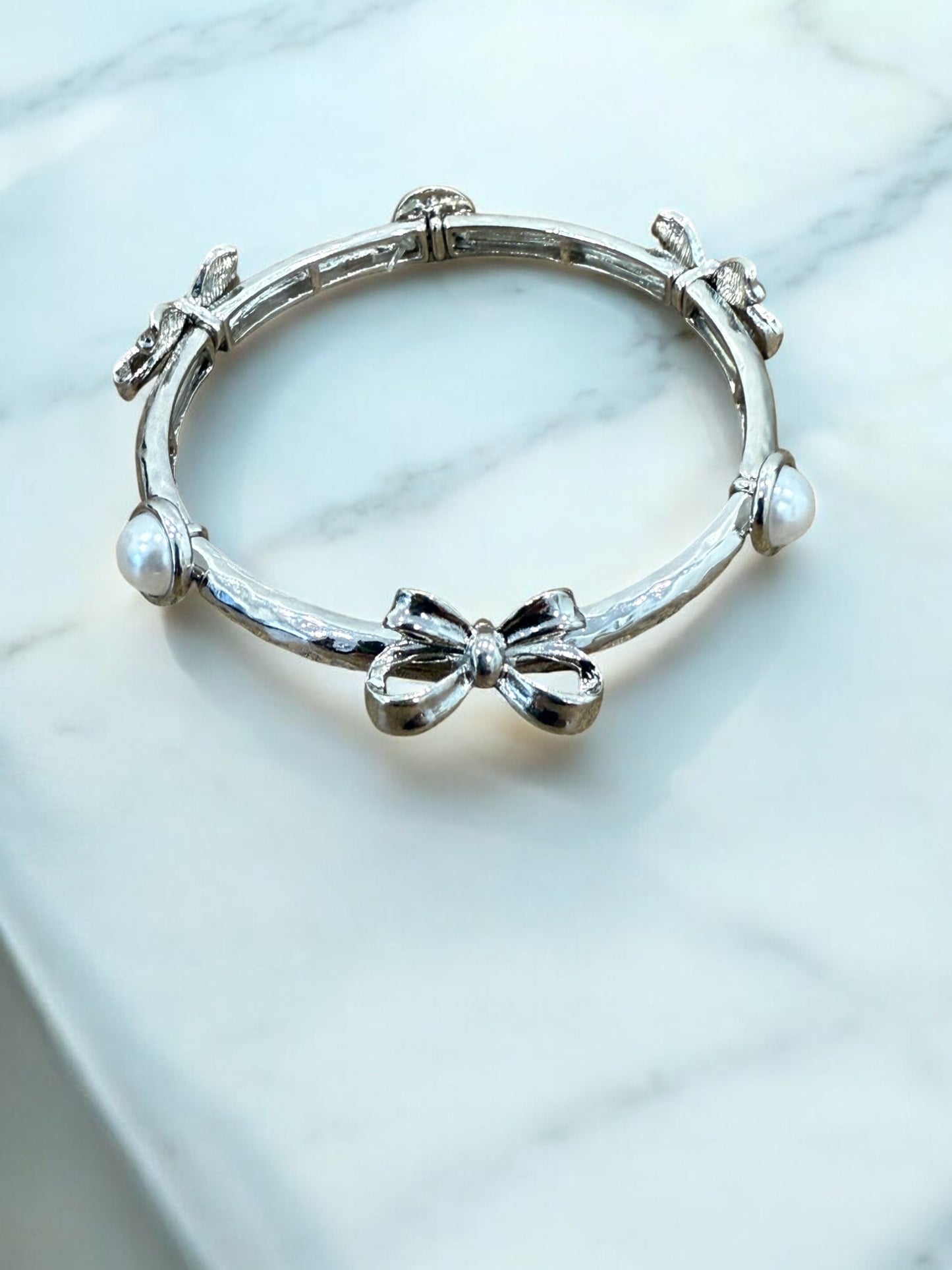 Silver Pearl and Bow Bracelet