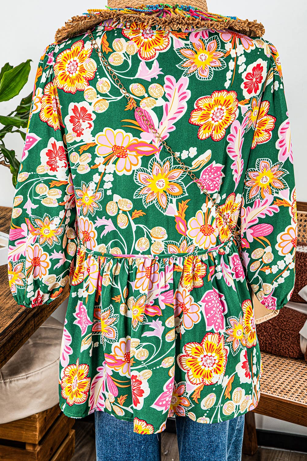 Floral Puff Sleeve V Neck Peplum Blouse