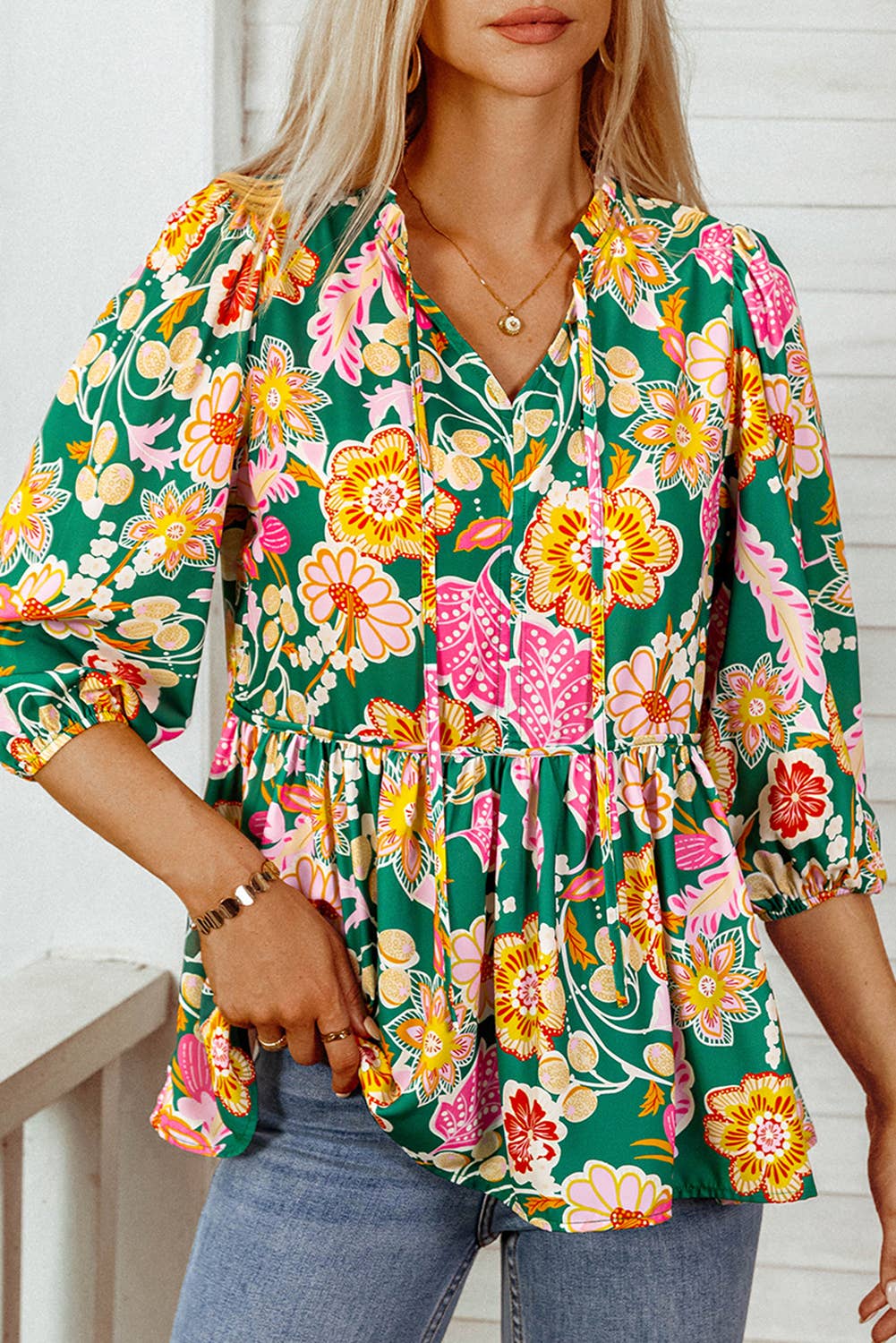 Floral Puff Sleeve V Neck Peplum Blouse
