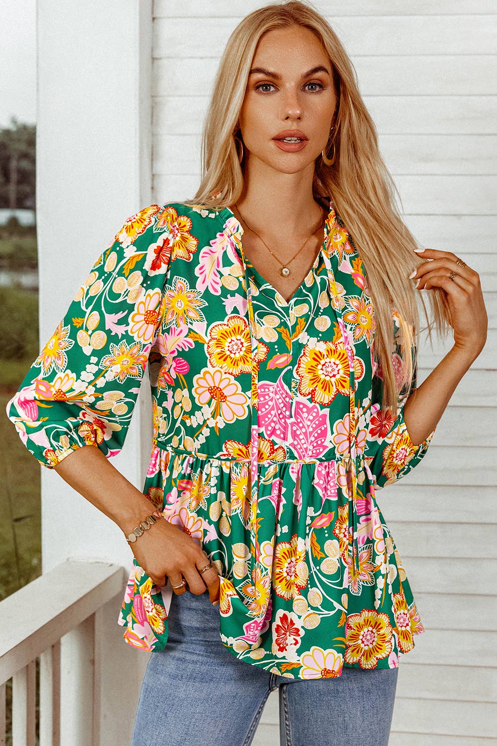 Floral Puff Sleeve V Neck Peplum Blouse