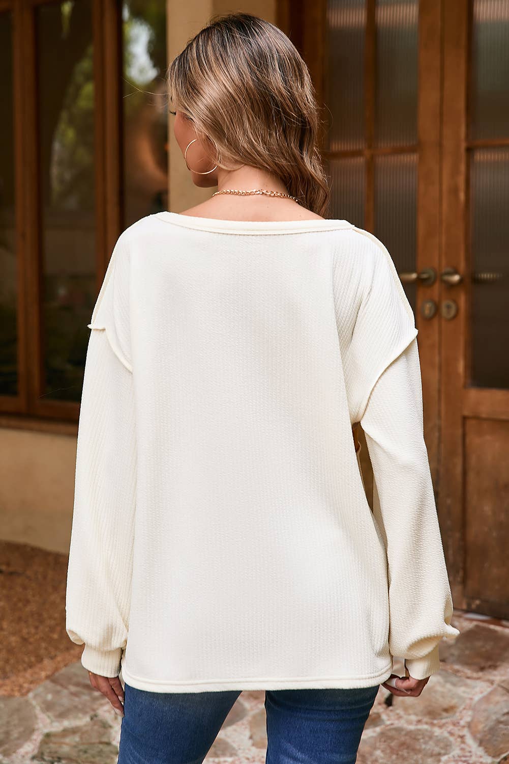 Corded Exposed Seam Knit Patchwork Drop Sleeve Blouse
