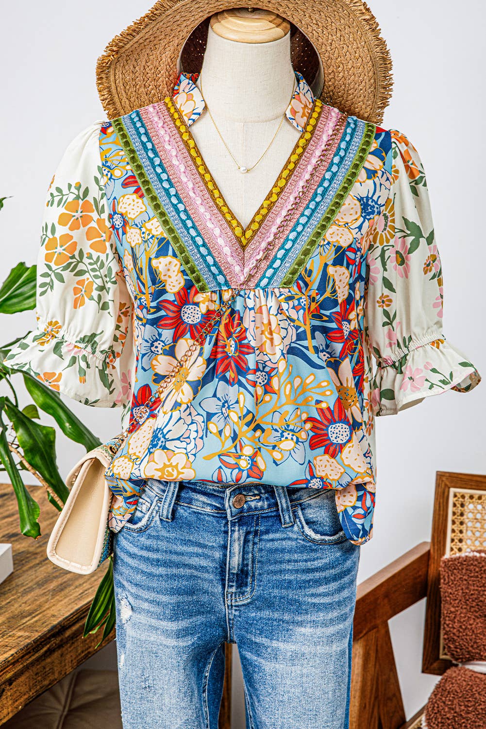 Boho V Neck Half Sleeve Boho Floral Blouse