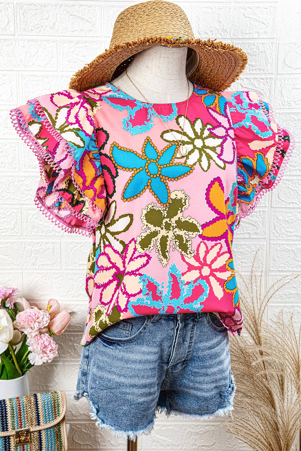 Floral Print Trimmed Ruffle Sleeve Blouse