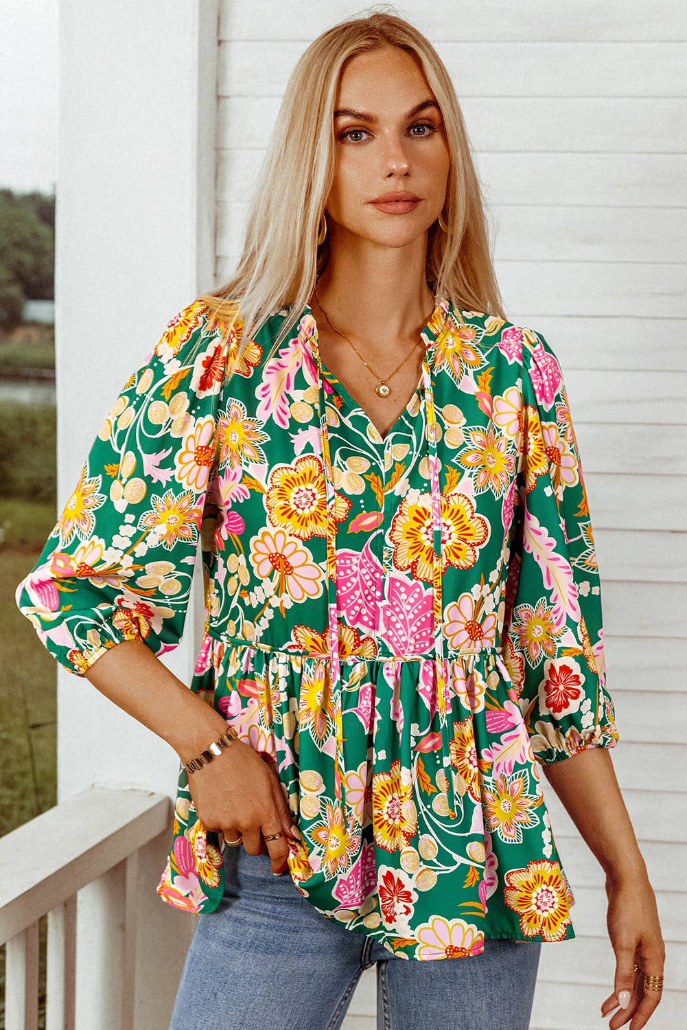 Floral Puff Sleeve V Neck Peplum Blouse