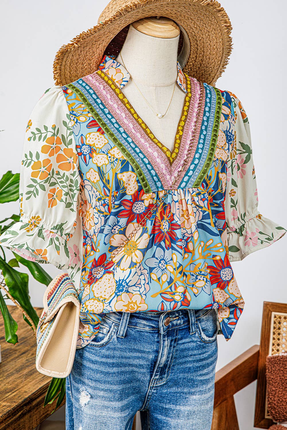 Boho V Neck Half Sleeve Boho Floral Blouse