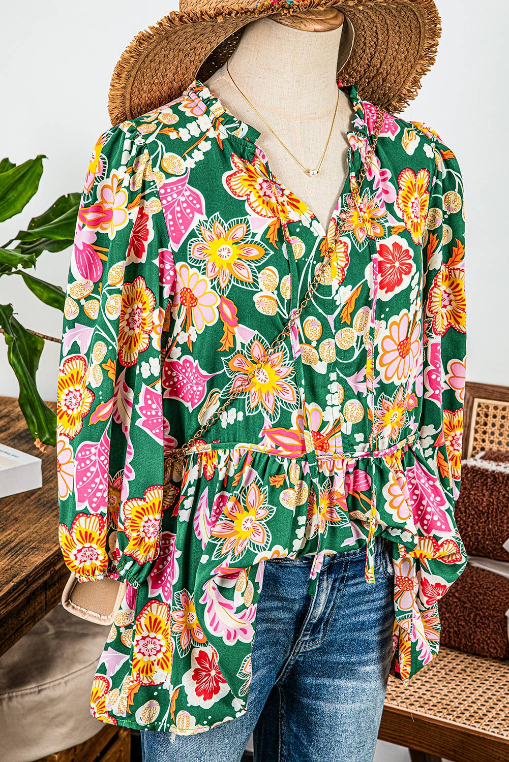 Floral Puff Sleeve V Neck Peplum Blouse