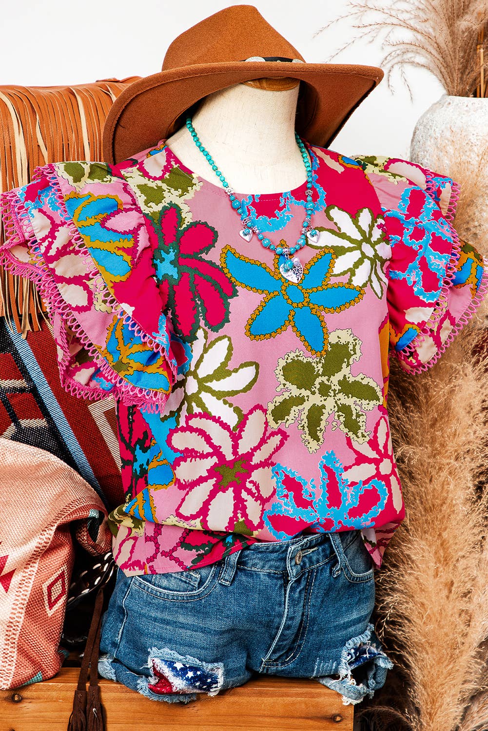 Floral Print Trimmed Ruffle Sleeve Blouse