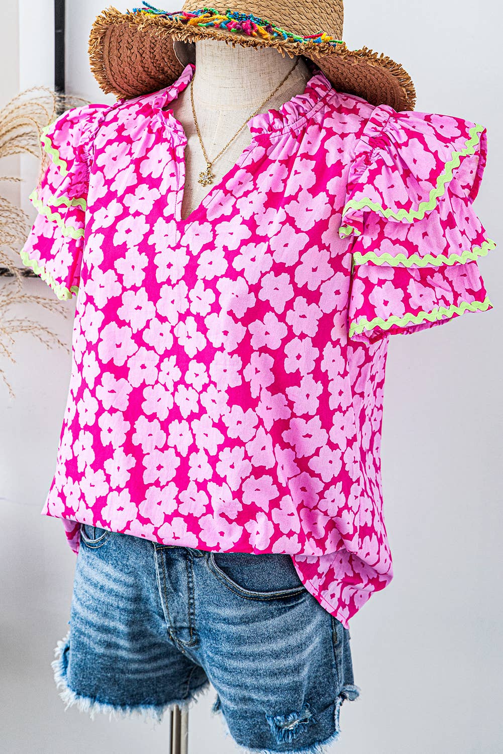 Floral Contrast Ric Rac Layered Ruffle Sleeve Blouse