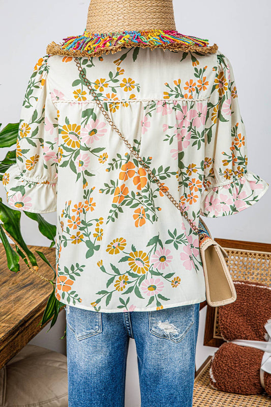 Boho V Neck Half Sleeve Boho Floral Blouse